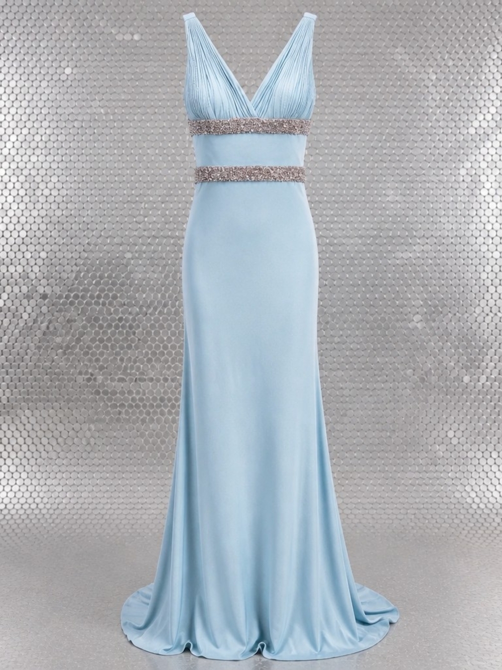 Sherri Hill Light Blue Ruched Rhinestone Accent Formal Evening Gown Size 6 4068